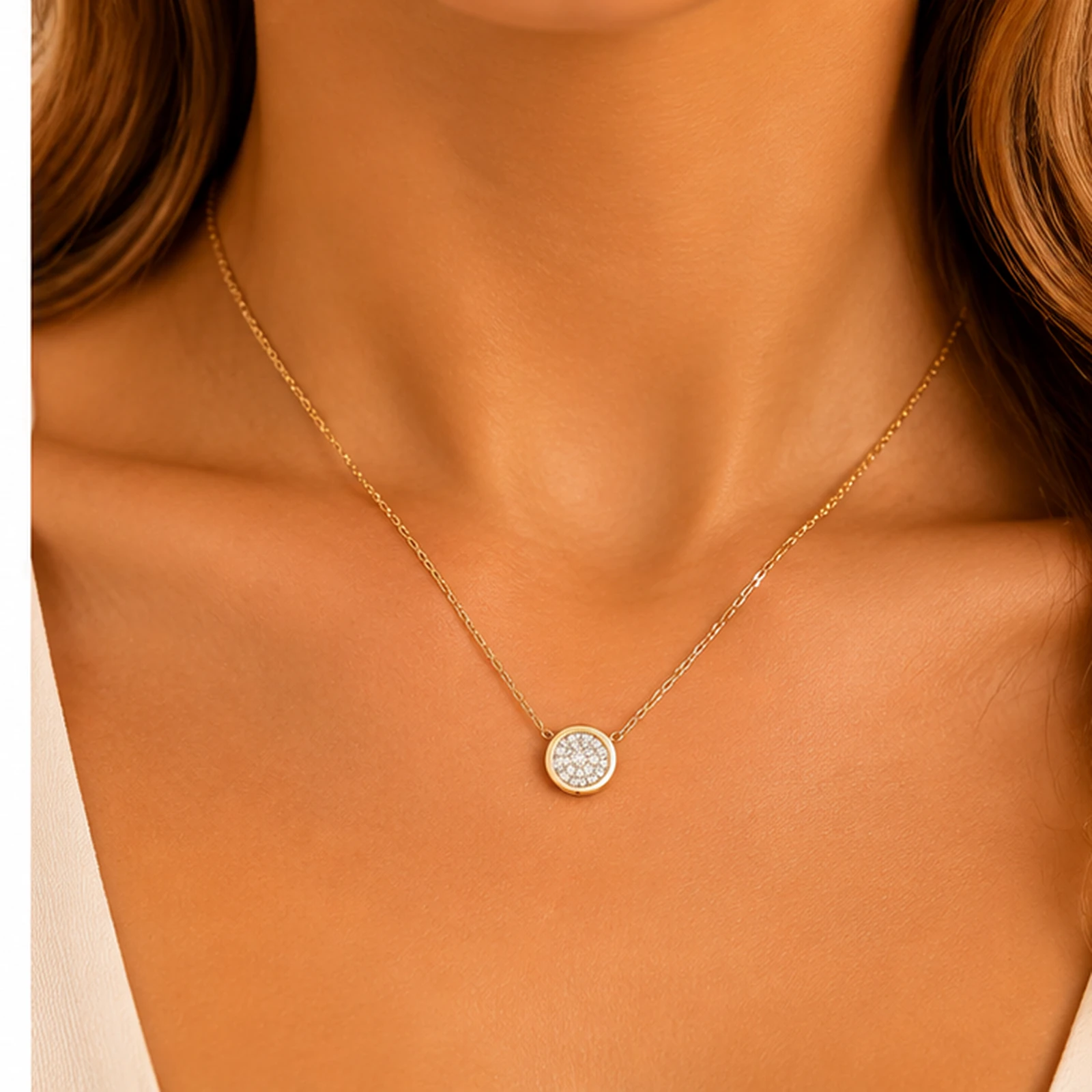 Gold-plated steel necklace with round crystal pendant — styled